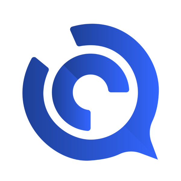 Blue and white logo on a white background